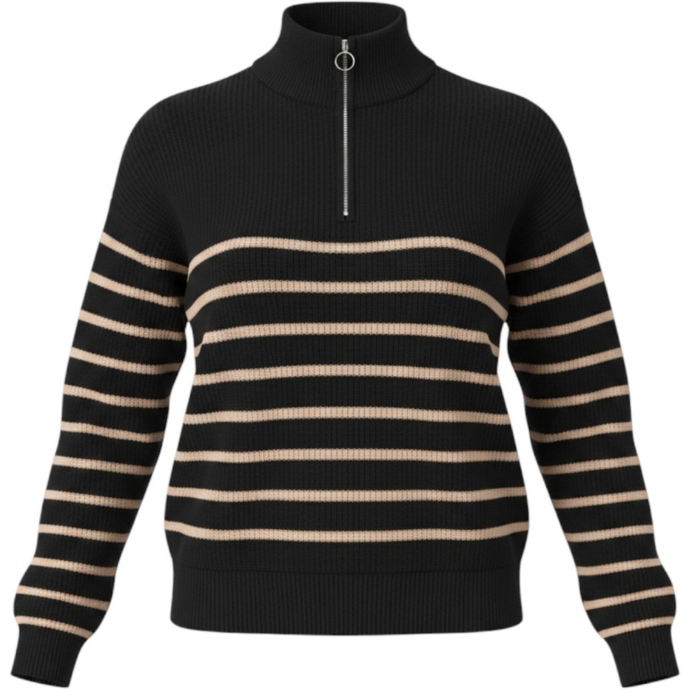 Lillusory Striped Quarter Zip Sweater Black Tan Ribbed Mock Neck Pullover M